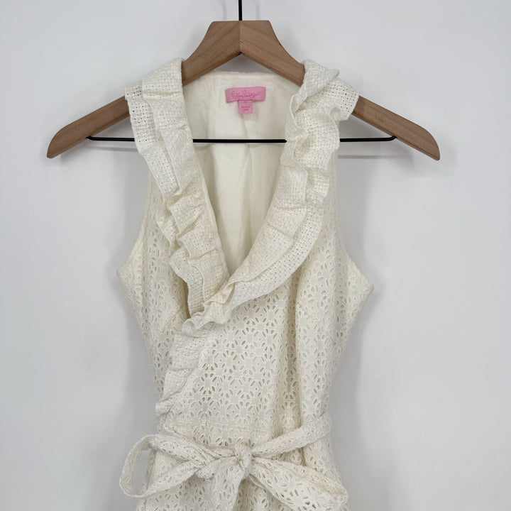 Lilly Pulitzer Wrap Dress Womens 6 Beige Eyelet Lace Overlay Cotton Belted Lined