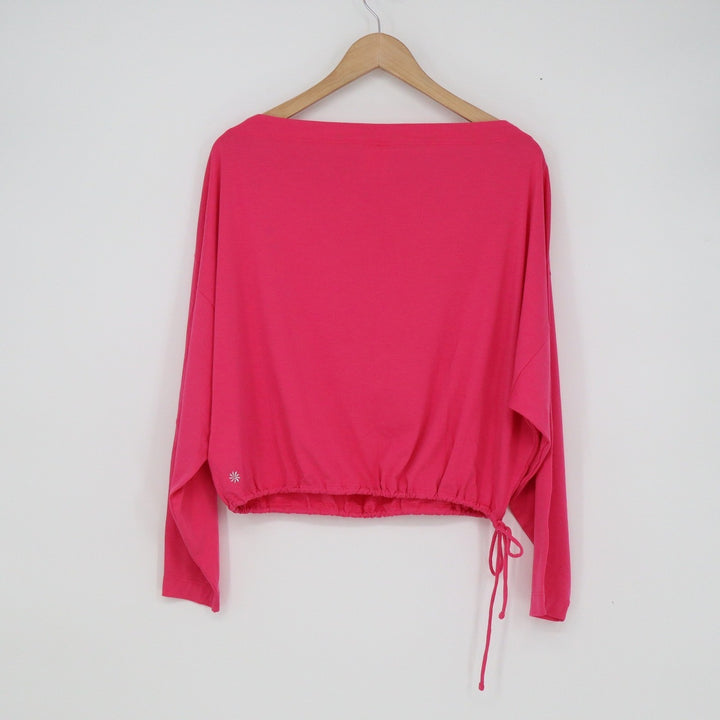 Athleta Pink Boat Neck Long Sleeve Top Cinched Side Tie Cropped Relaxed Medium
