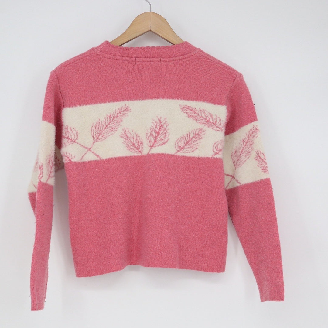 Khushiya Pink Cream Fuzzy Knit Leaf Pattern Scalloped Neck Sweater Size M