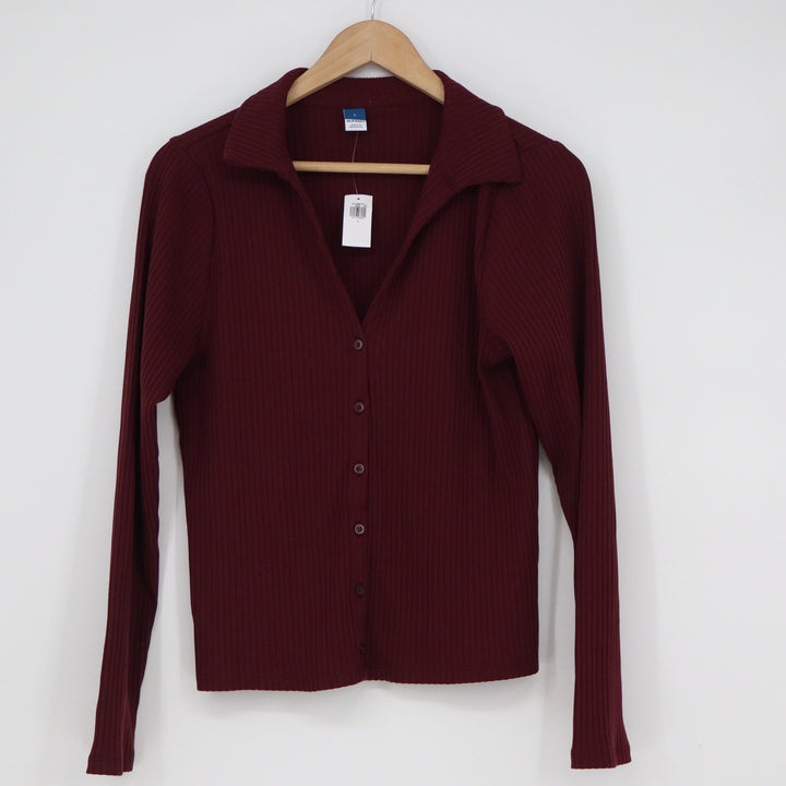 Old Navy Womens Ribbed Polo Cardigan Button Front Long Sleeve Burgundy Large