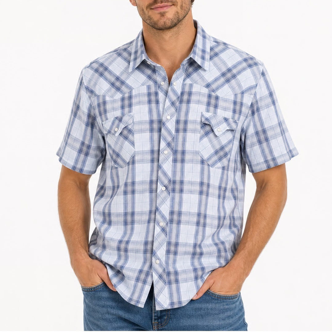 Wrangler Western Shirt Mens Blue White Plaid Pearl Snap Short Sleeve Yoke