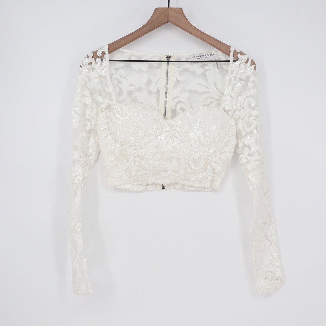 Naked Wardrobe White Sequin Lace Long Sleeve Crop Top Bustier Small