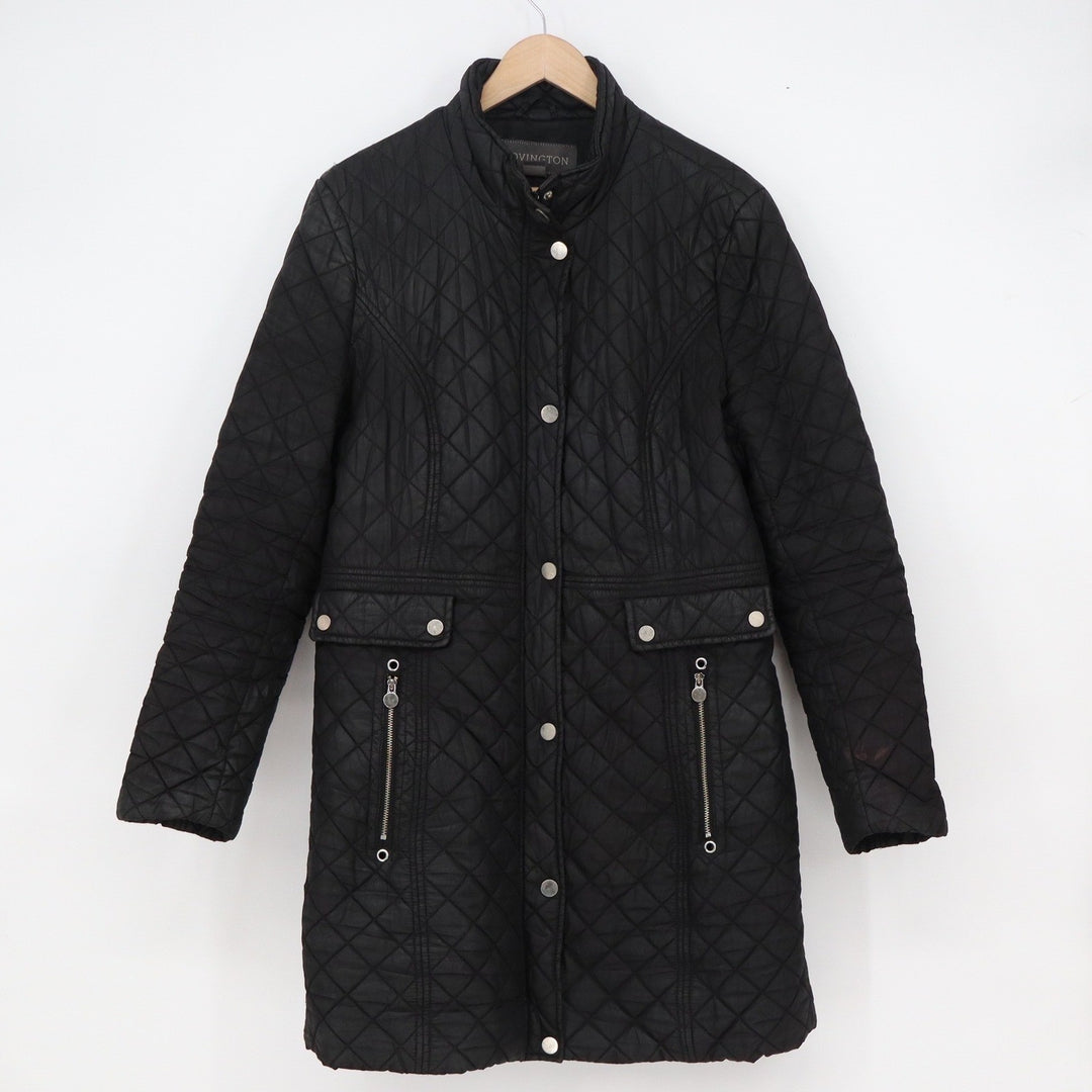 Covington Womens Black Quilted Longline Parka Jacket Snap Front Mock Neck Size L