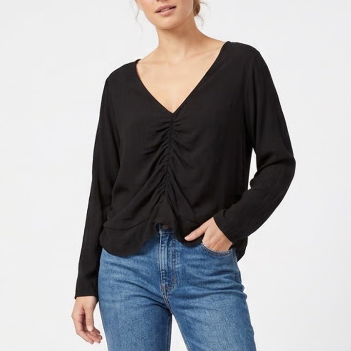 H&M Cropped Top Womens 2XL Black Ruched Long Sleeve V-Neck Backless Pullover