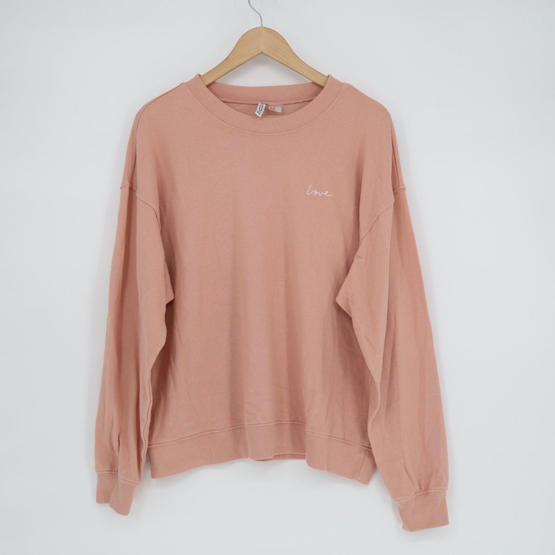 H&M Divided Sweatshirt Womens XL Pink Cotton Love Embroidered Crew Neck Pullover