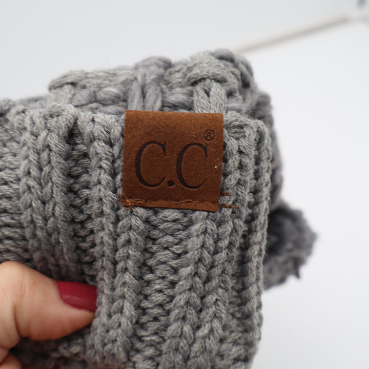 C.C Beanie Women OS Lt Melange Grey Cable Knit Pom-Pom New
