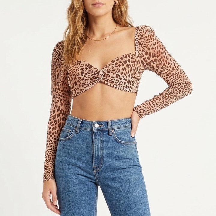 Naked Wardrobe The Statement Leopard Print Puff Sleeve Crop Top Small