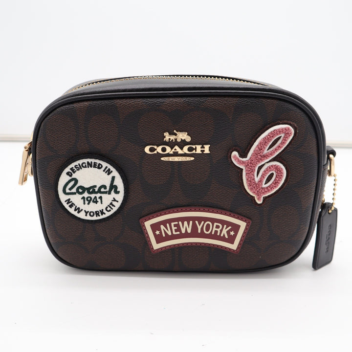 Coach Signature Canvas Varsity Patch Camera Bag Brown Black Crossbody