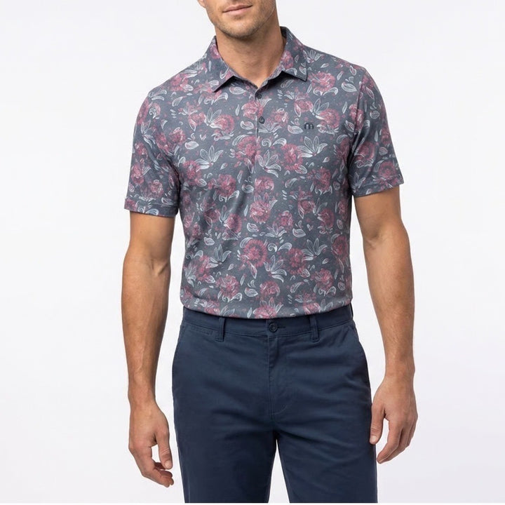 TravisMathew Mens Featherweight Flourish Floral Golf Polo Shirt Blue Pink S
