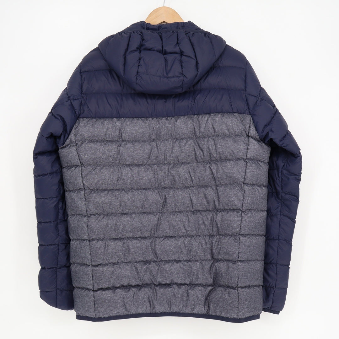 Eddie Bauer Down Hooded Puffer Jacket Mens Medium Navy Blue Grey Colorblock