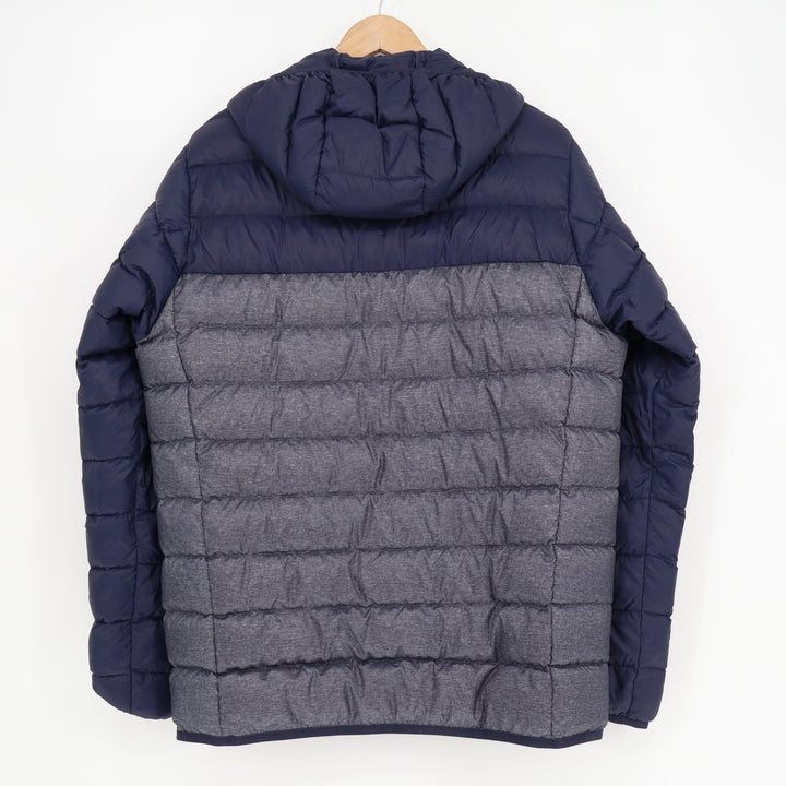 Eddie Bauer Down Hooded Puffer Jacket Mens Medium Navy Blue Grey Colorblock