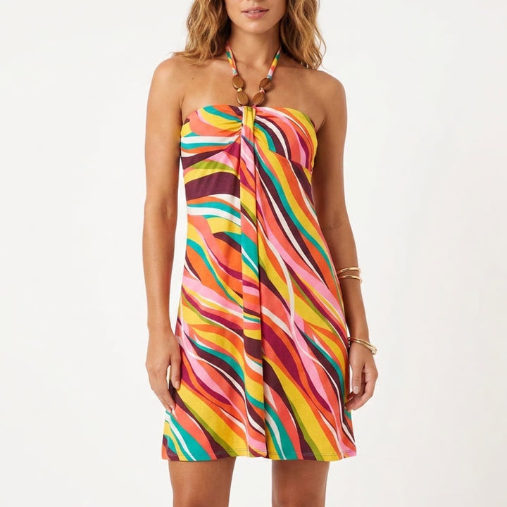 Xhilaration Multi Color Psychedelic Wavy Stripe Wood Bead Halter Mini Dress S