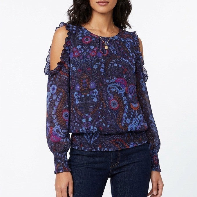 LOFT Blouse Womens Medium Multi Floral Ruffle Smocked Cold Shoulder Long Sleeve