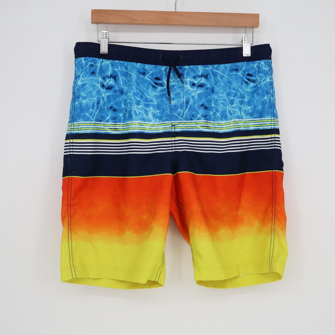 Lands' End Boys XXL 18H-20H Swim Trunks Blue Orange Striped Water Print Shorts