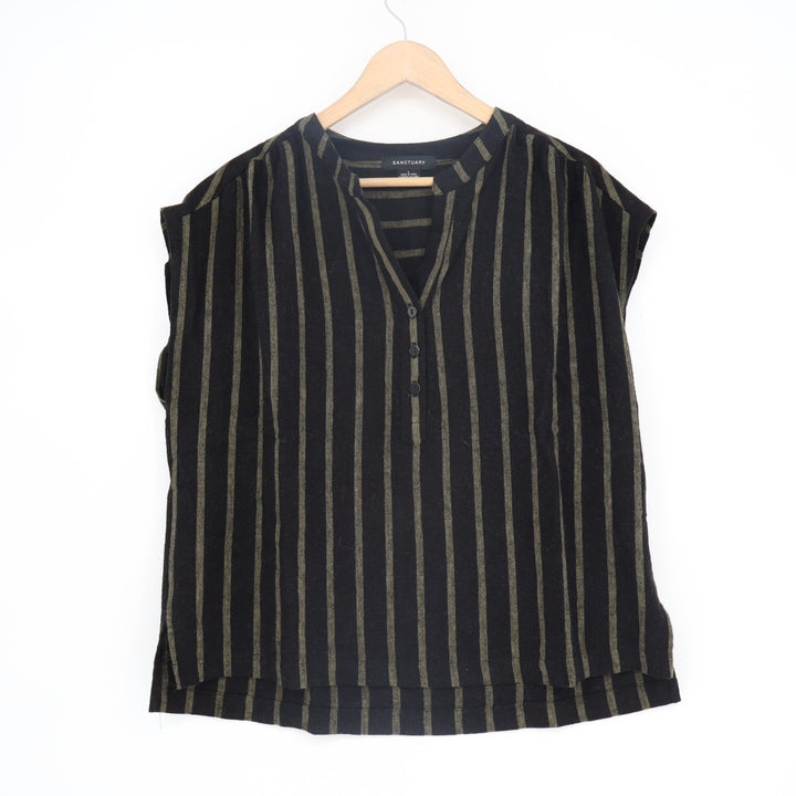 Sanctuary T-Shirt Womens Large Black Brown Striped Linen Short Sleeve Split Neck