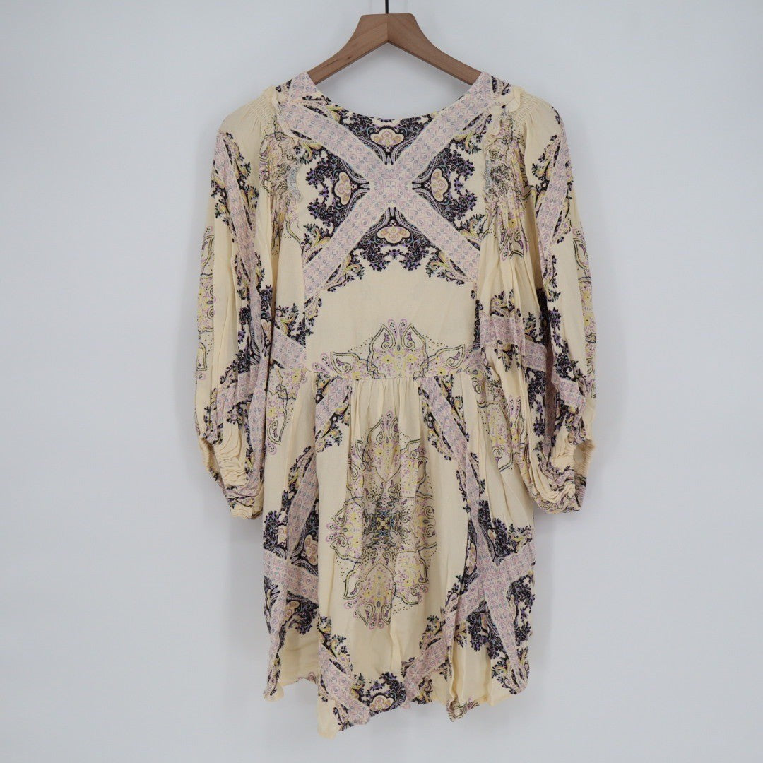 Free People Paisley Print V Neck Tunic Dress Cream Purple Yellow Size S