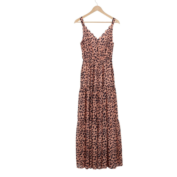 Melloday Leopard Print Scalloped Tiered Maxi Dress Pink Black M