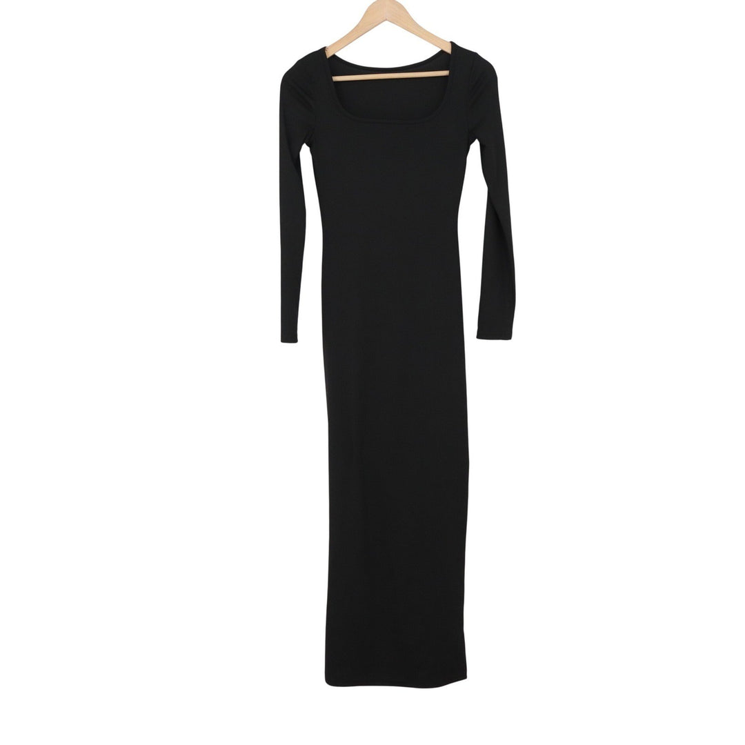 Black Ribbed Knit Square Neck Long Sleeve Bodycon Maxi Dress XS