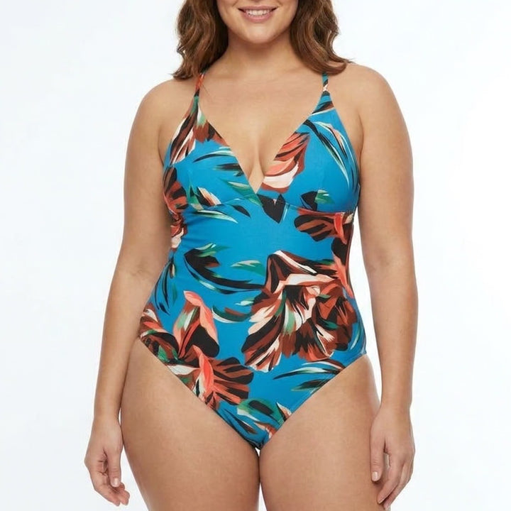 Calia Triangle Strappy Back One Piece Swimsuit Tranquil Blue Floral UPF 50+