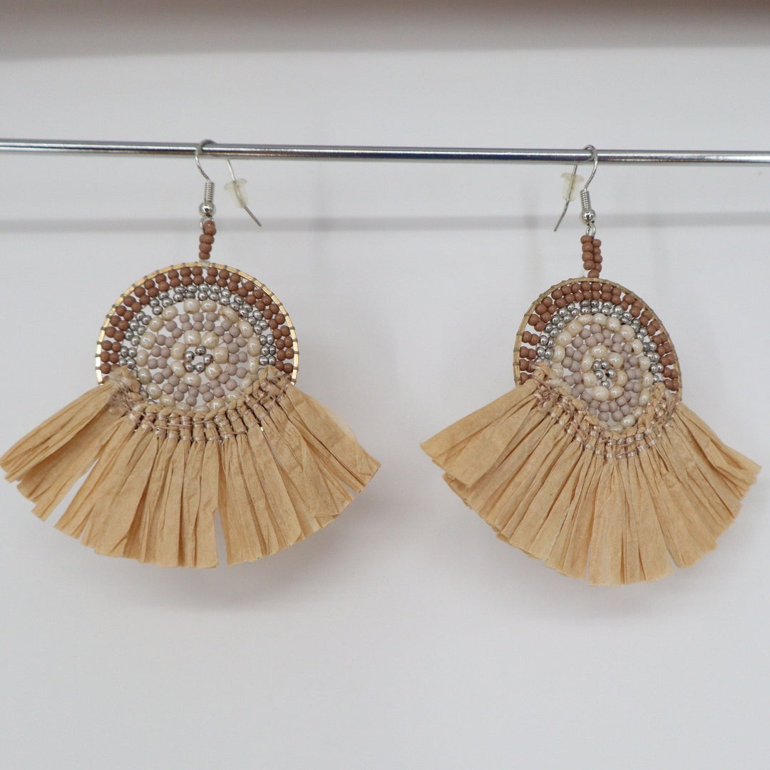 Boho Beaded Raffia Fan Drop Earrings Tan Brown Cream Medallion Statement