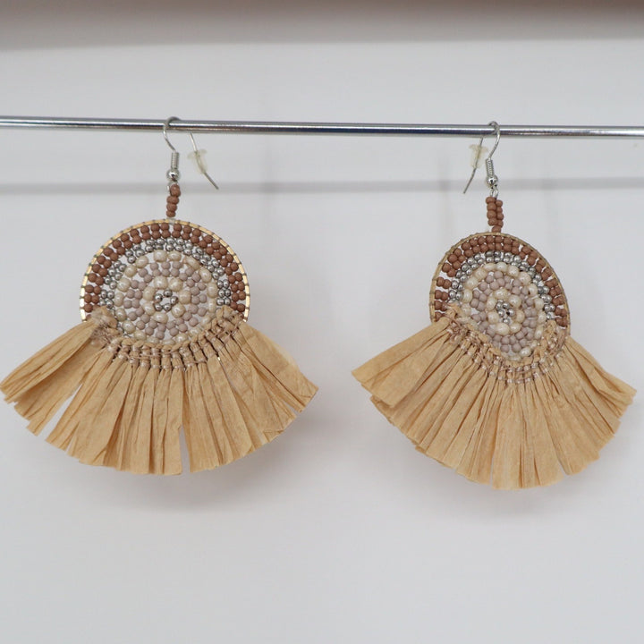 Boho Beaded Raffia Fan Drop Earrings Tan Brown Cream Medallion Statement