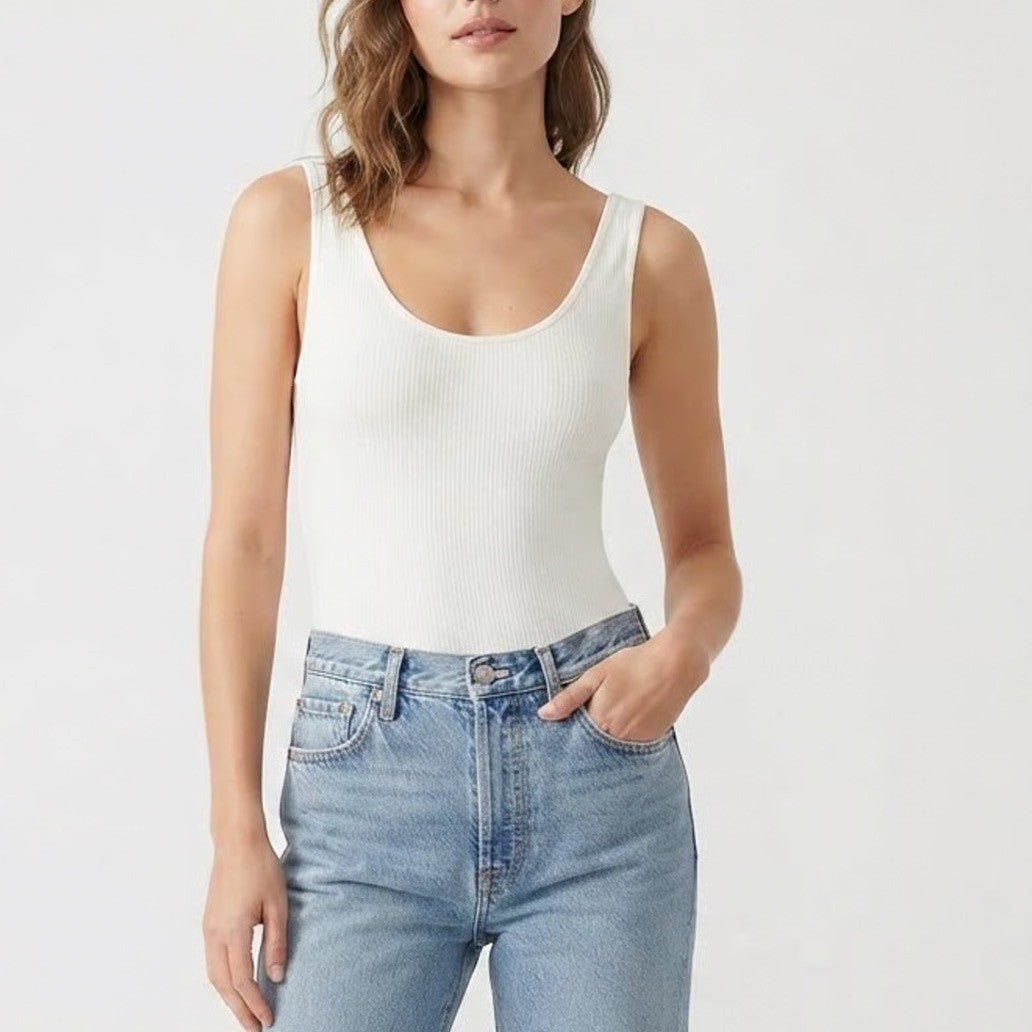 Forever 21 Womens Medium Ribbed Knit Scoop Neck Sleeveless Bodysuit Cream White