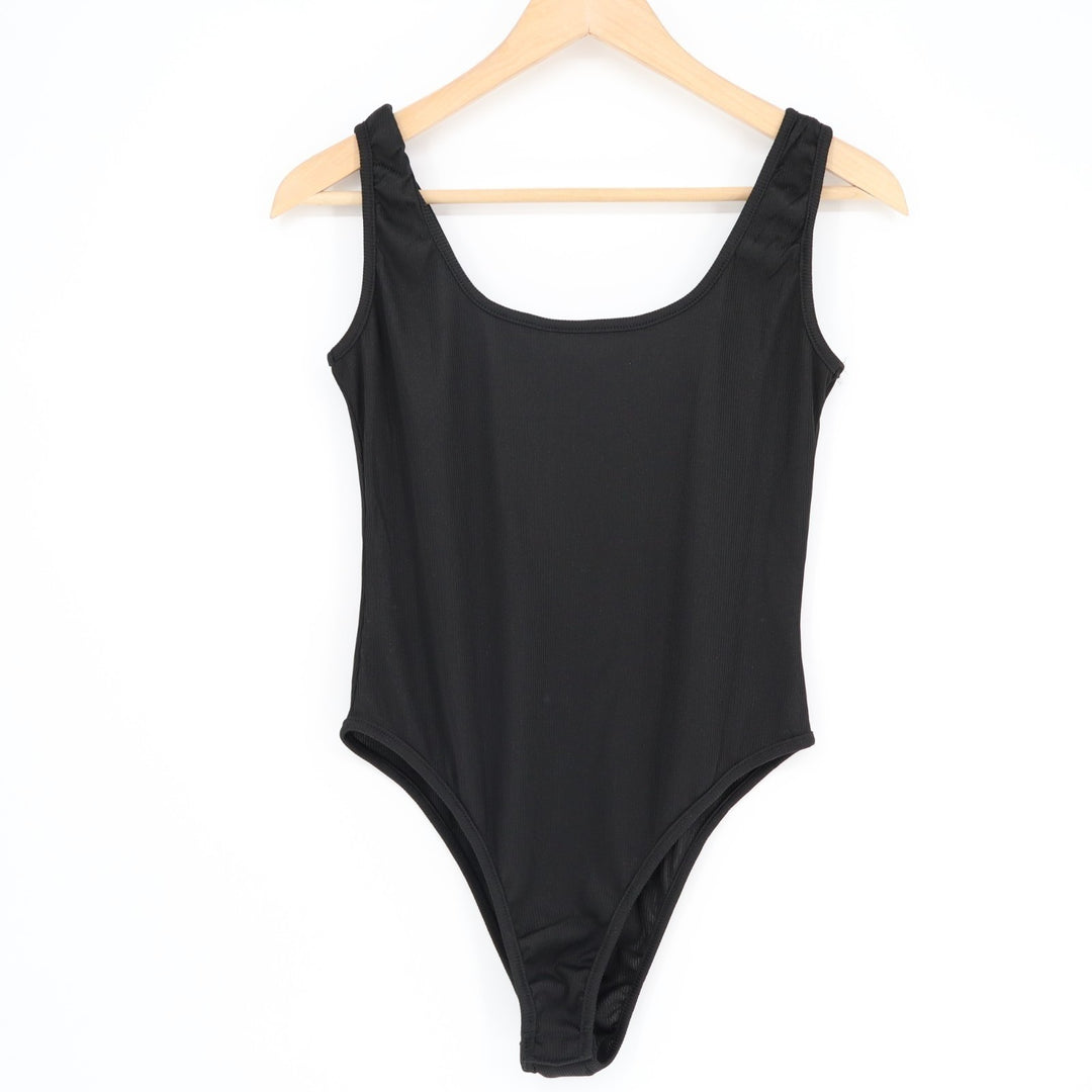 One Piece Bodysuit Women Medium Black Stretch Knitted Crew Neck Wide Strap