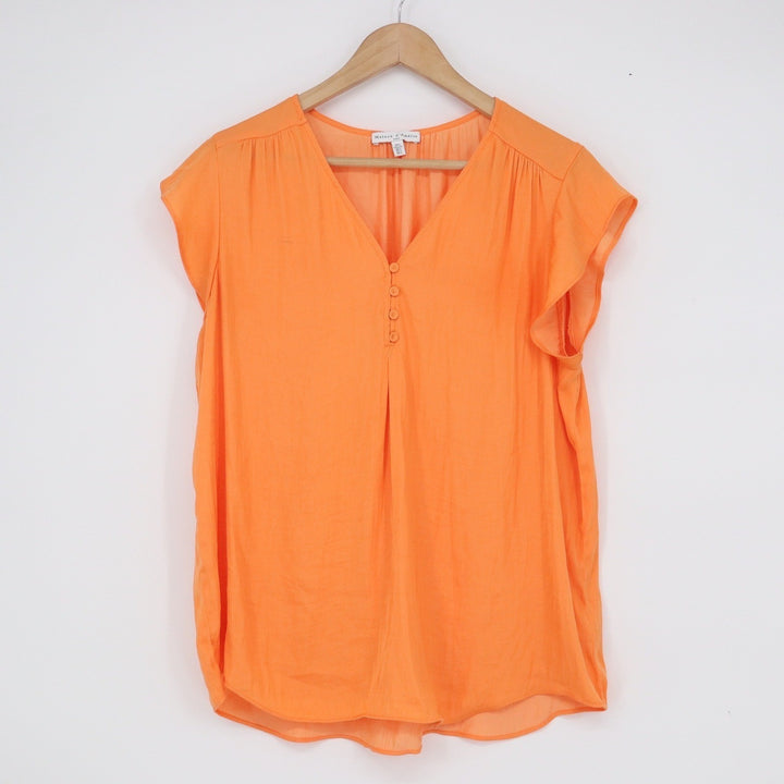 Maison d'Amélie Orange Cap Sleeve V-Neck Henley Blouse Size L