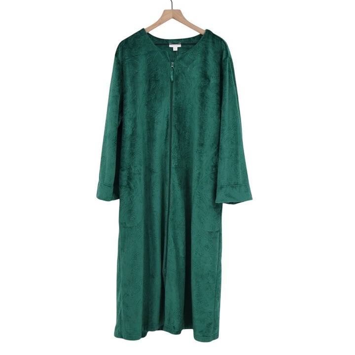 Charter Club Sleepwear Robes Womens 2XL Green Embossed Velour Cozy Zip-Front