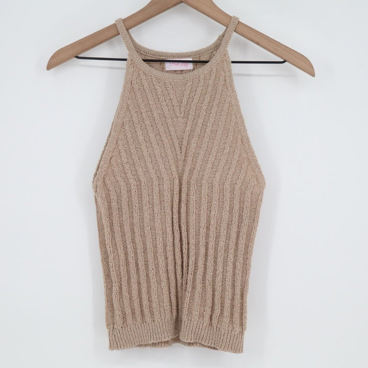 Pink Lily Vest Sweater Womens Medium/Large Beige Cable Knit Ribbed Round Neck