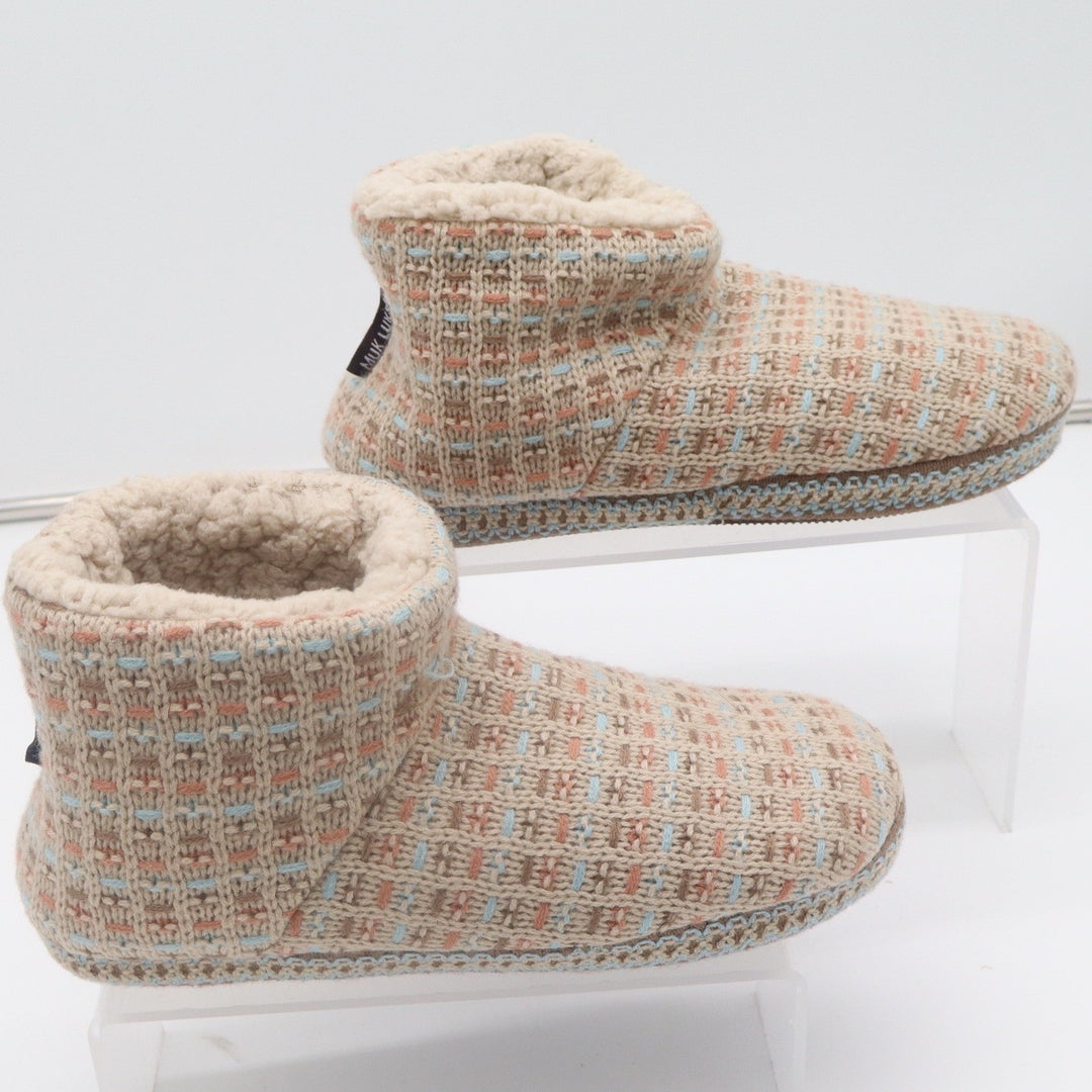 Muk Luks Womens Knit Slipper Boots Faux Fur Lined Beige Blue Coral Size Small