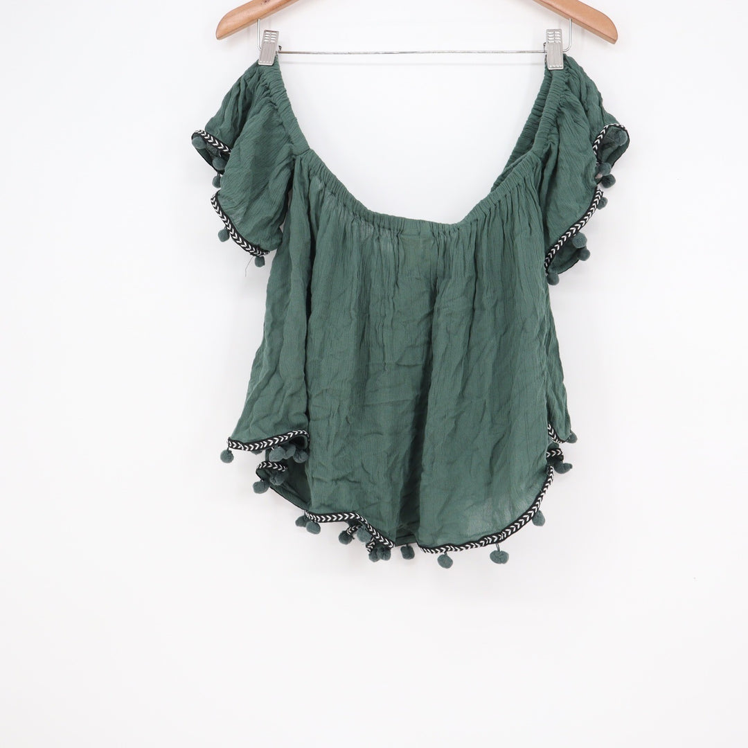Japna Forest Green Off Shoulder Pom Pom Trim Boho Crop Top Large