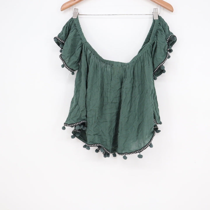 Japna Forest Green Off Shoulder Pom Pom Trim Boho Crop Top Large
