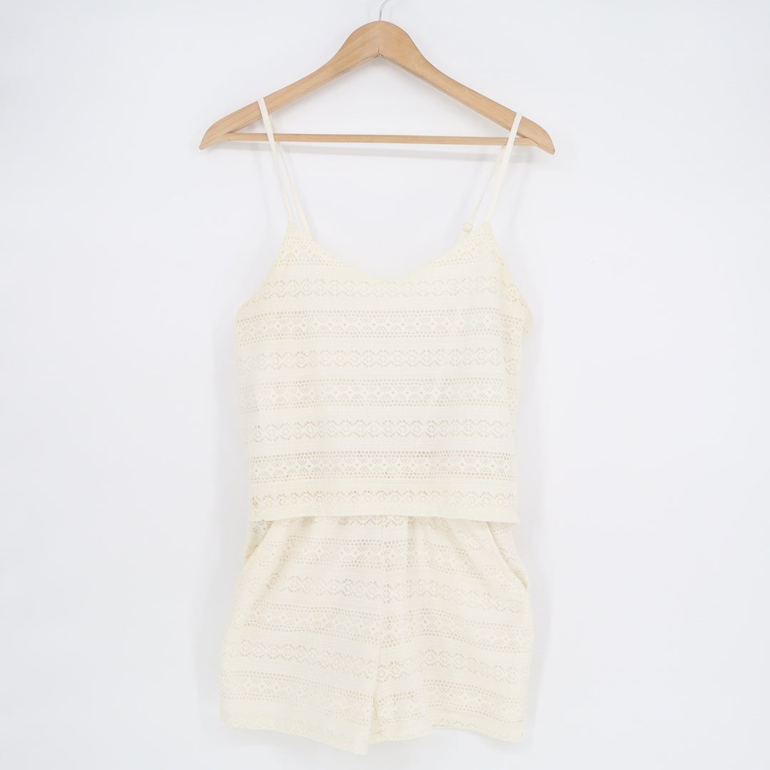 Rewind Lace Tiered Romper Cream Off-White Sleeveless Boho R61257M3E Small
