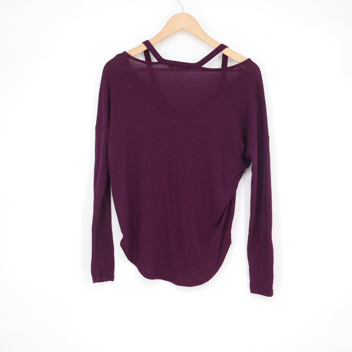 Express One Eleven Womens XS Burgundy Cutout Strappy V-Neck Long Sleeve Top