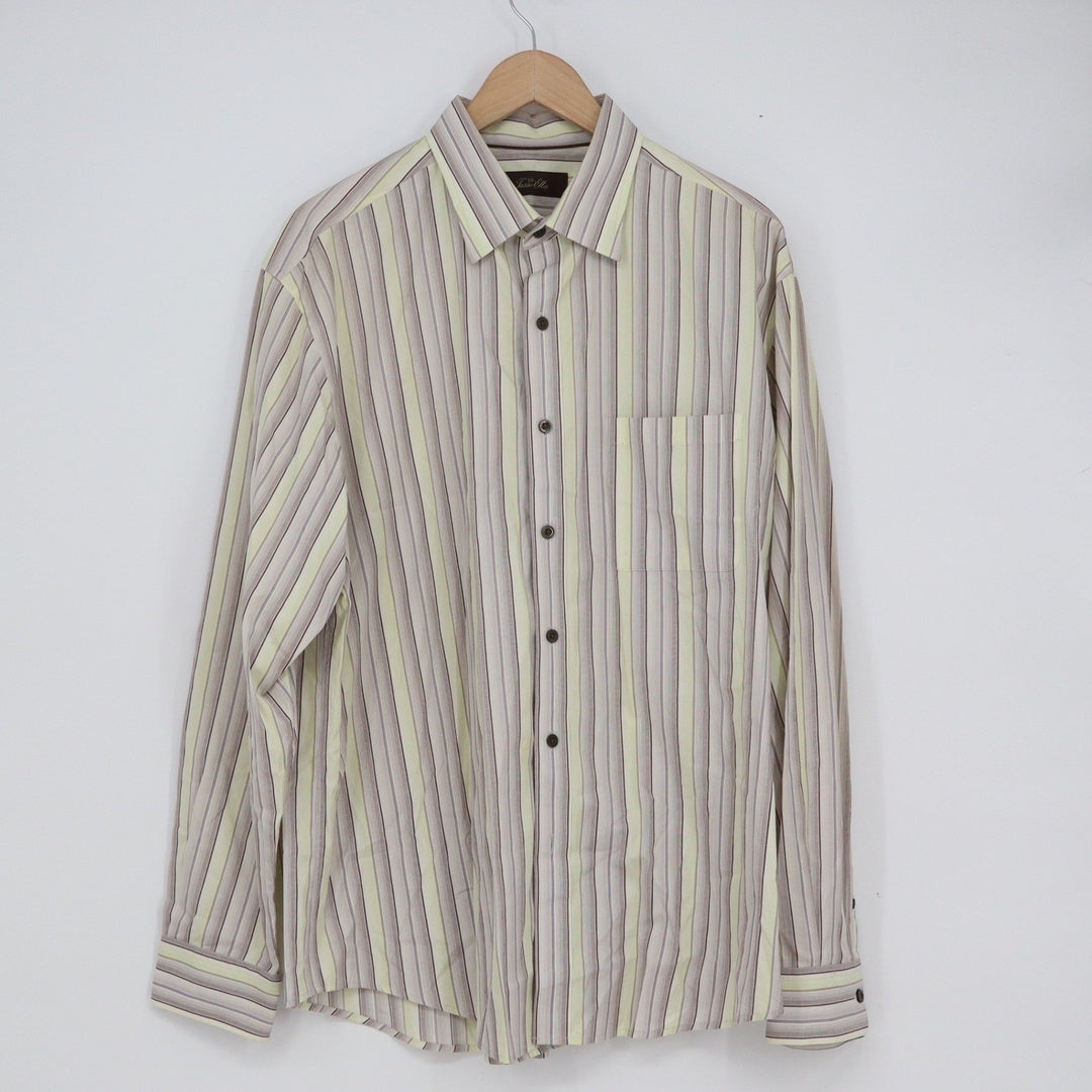 Tasso Elba Mens Large Cotton Striped Long Sleeve Button Down Shirt Tan Green L