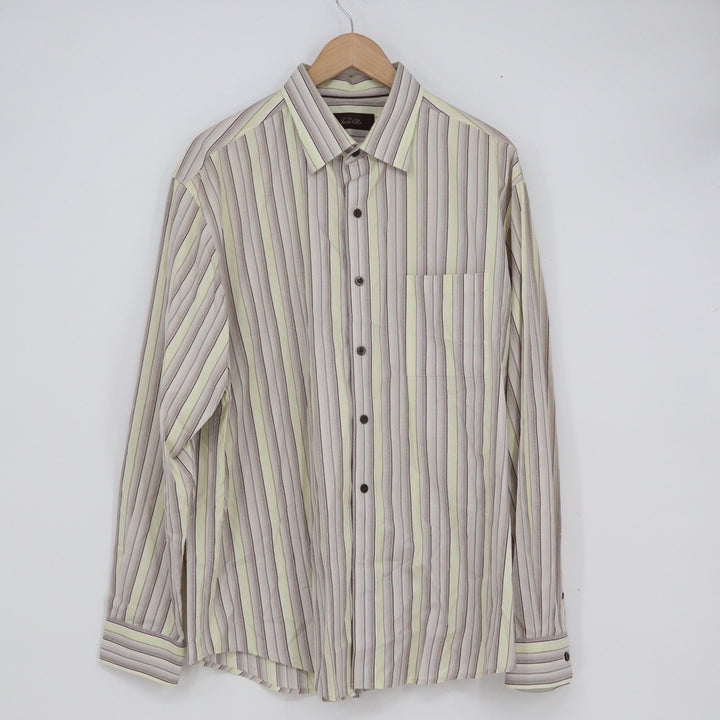 Tasso Elba Mens Large Cotton Striped Long Sleeve Button Down Shirt Tan Green L