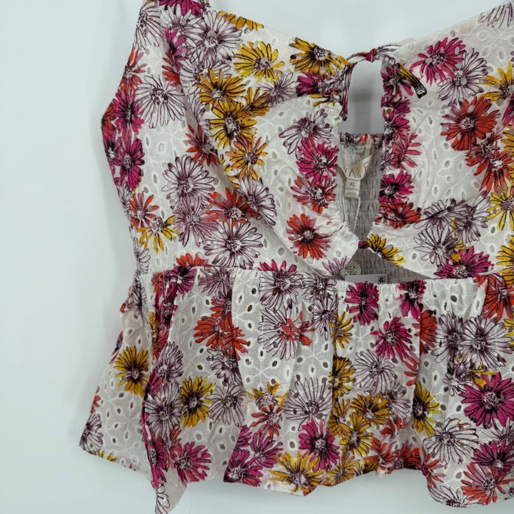 Waverly Eyelet Floral Cami Top Peplum Cutout Magenta Daisies XL