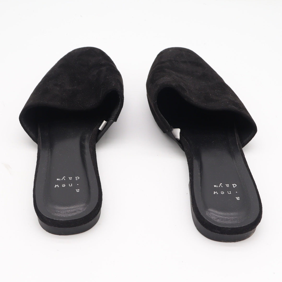 A New Day Womens Black Faux Suede Almond Toe Mules Flats Size 10 Slip On Shoes