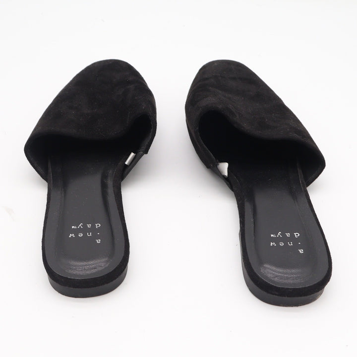 A New Day Womens Black Faux Suede Almond Toe Mules Flats Size 10 Slip On Shoes