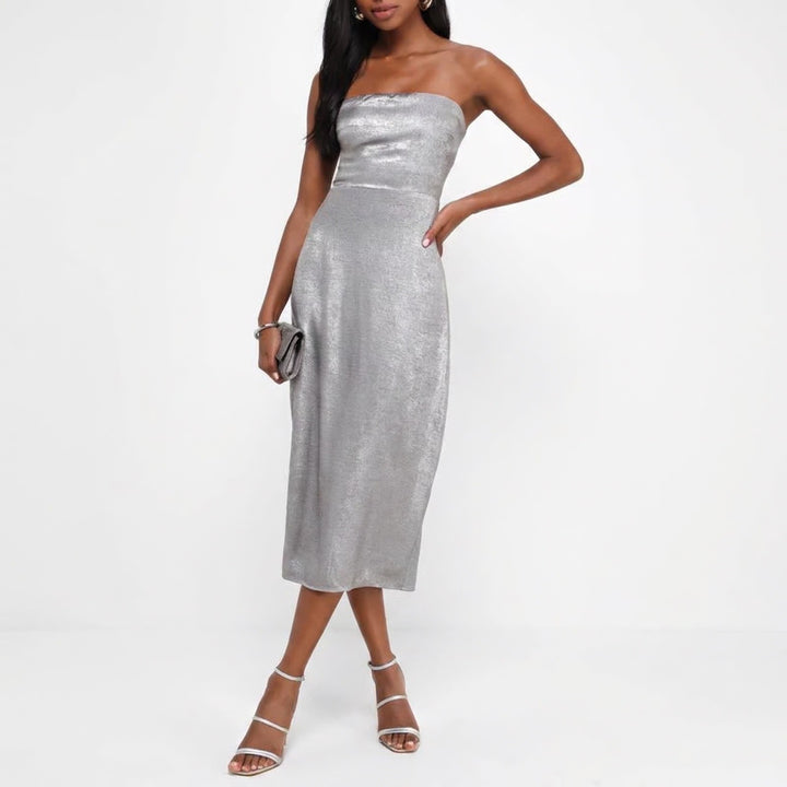 Lulus Silver Metallic Strapless Midi Dress High Low Tulip Hem Size L NWT