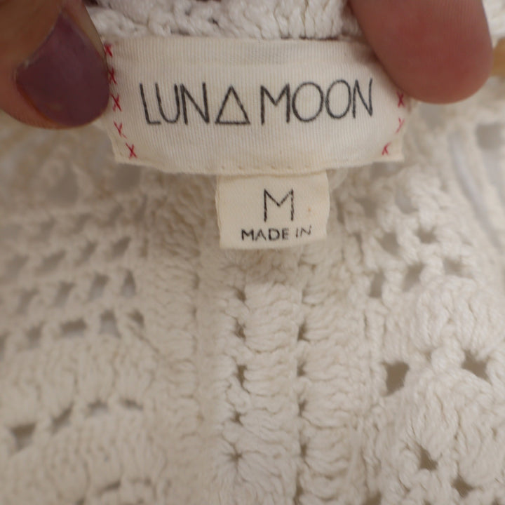 Luna Moon Cream Crochet Pom Pom Gauze Sleeveless Boho Top Size M