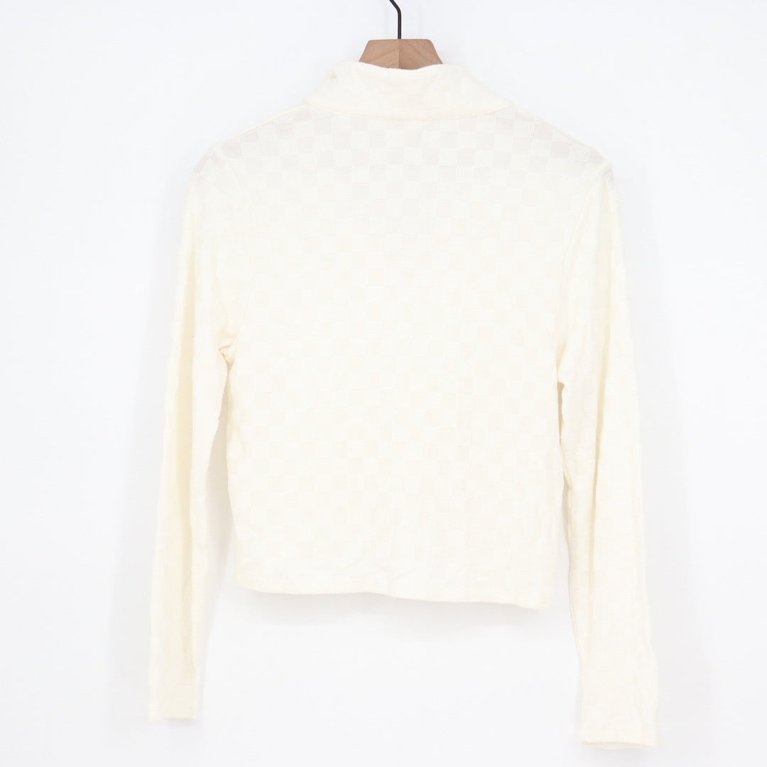 Atelier by Kirious Cream Checkered Knit Long Sleeve Polo Top V-Neck Large
