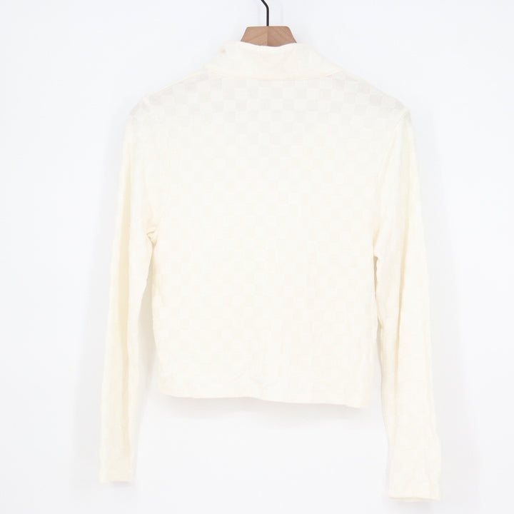 Atelier by Kirious Cream Checkered Knit Long Sleeve Polo Top V-Neck Large