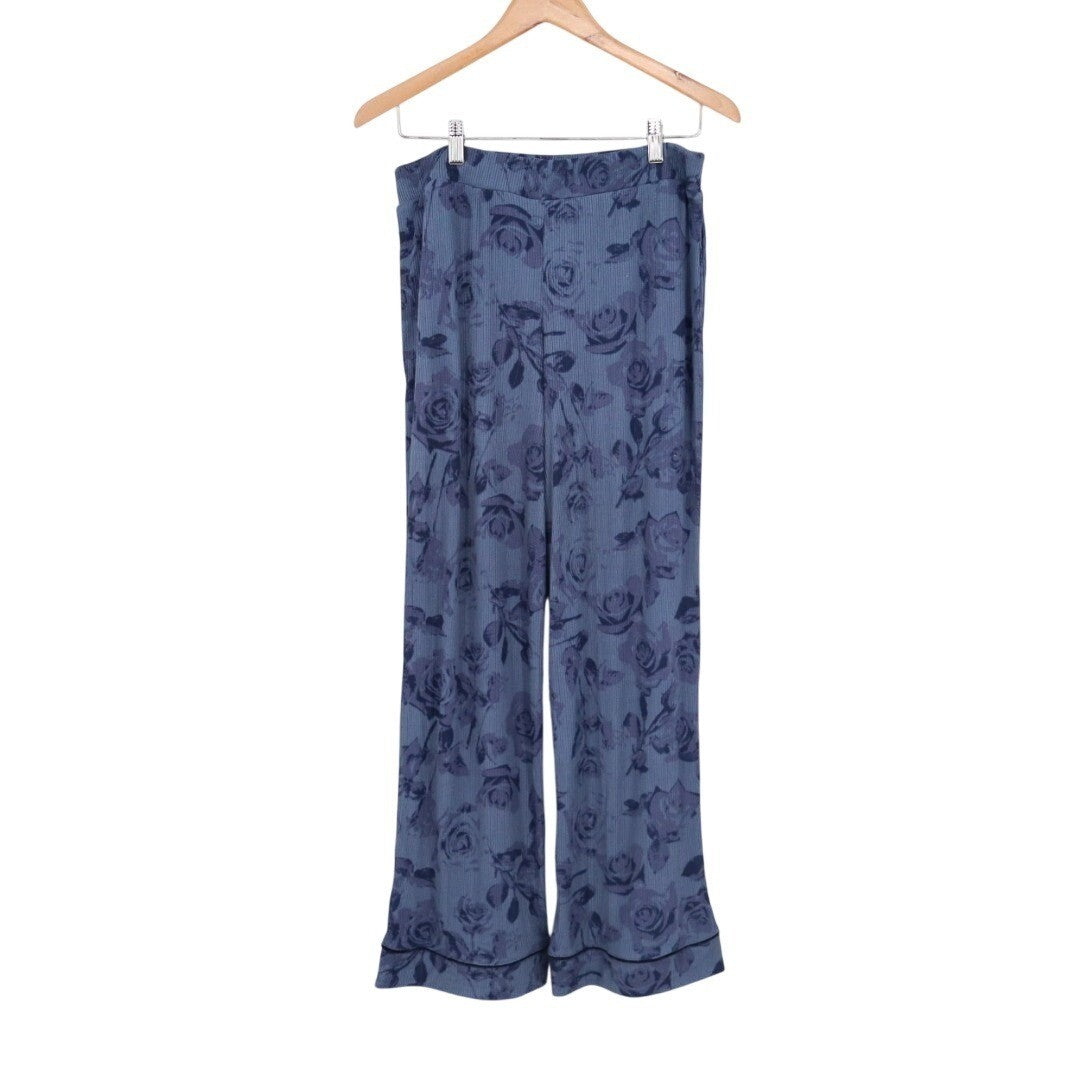 Pajama Pants Women Large Blue Floral Knit Stretch Ribbed Elastic Waist Straight