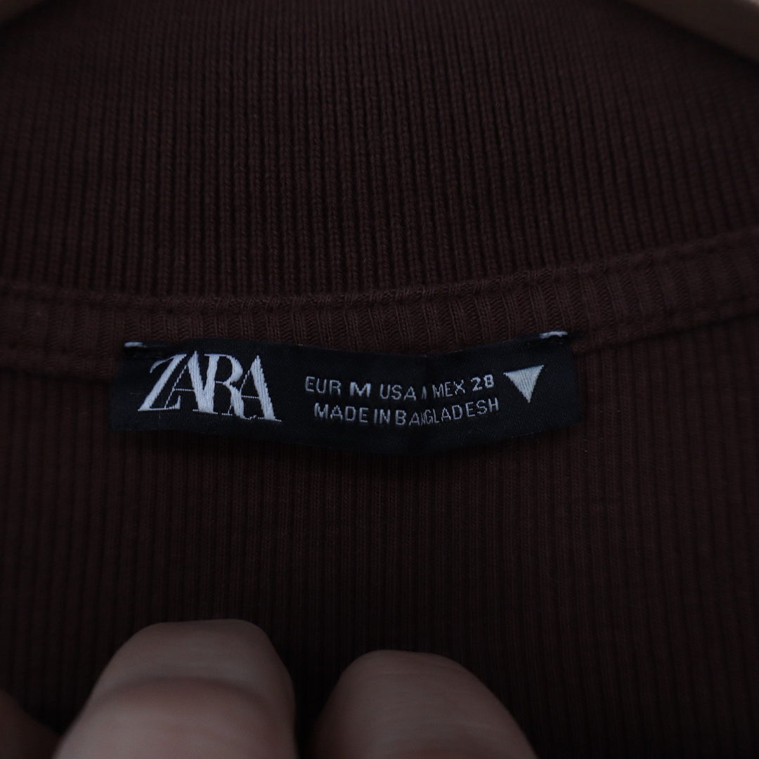Zara Brown Ribbed Polo Neck Long Sleeve Crop Top V-Neck Size M 10533