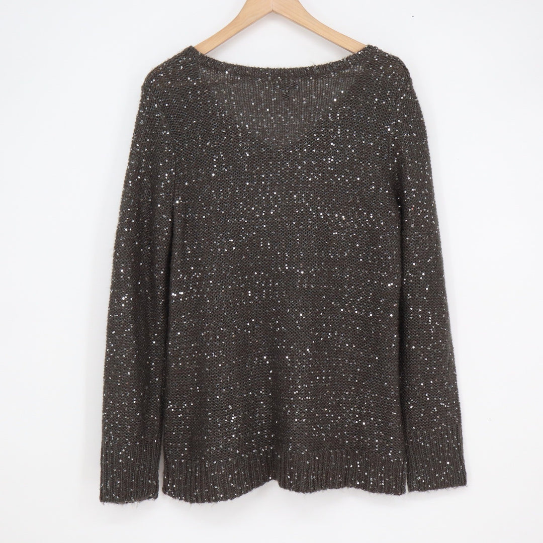Apt 9 Womens Large Brown Sequin V-Neck Knit Sweater Long Sleeve Sparkle Pullover