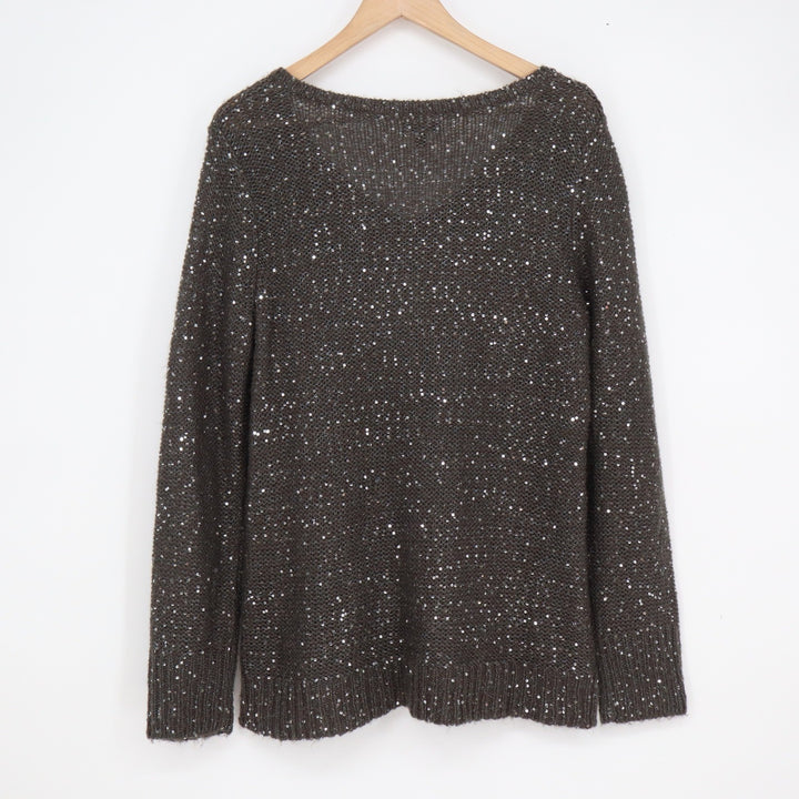 Apt 9 Womens Large Brown Sequin V-Neck Knit Sweater Long Sleeve Sparkle Pullover