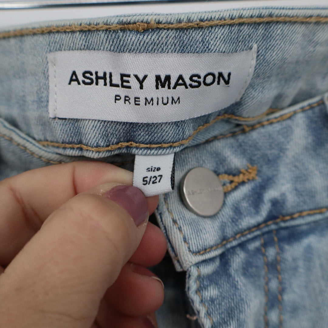 Ashley Mason Premium Floral Applique Flare Jeans Light Wash Blue Size 5/27