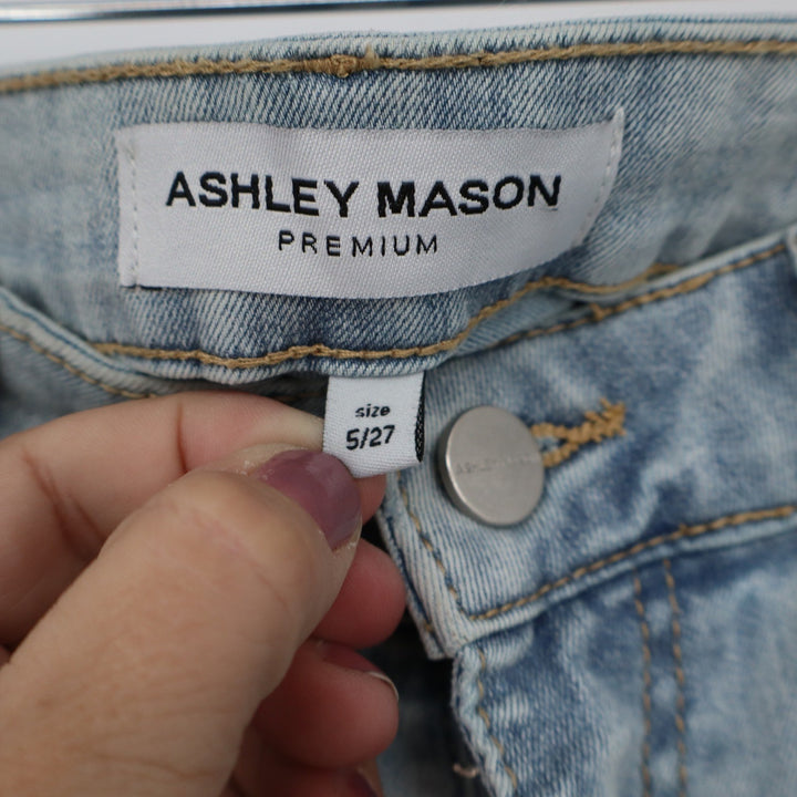 Ashley Mason Premium Floral Applique Flare Jeans Light Wash Blue Size 5/27